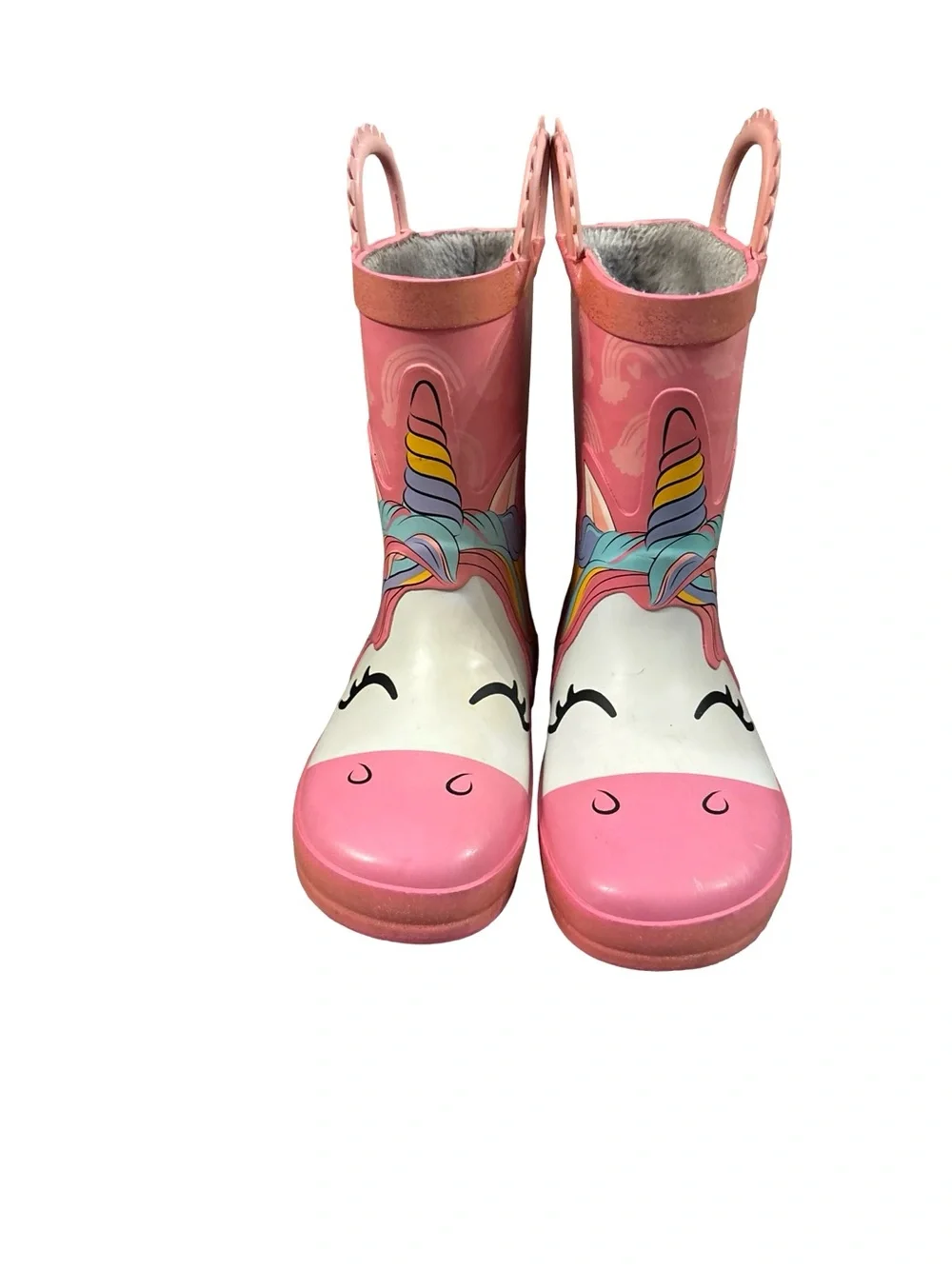 Kids Pink Sherpa Lined Unicorn Rain Boots with Rainbow Details Size 9-10